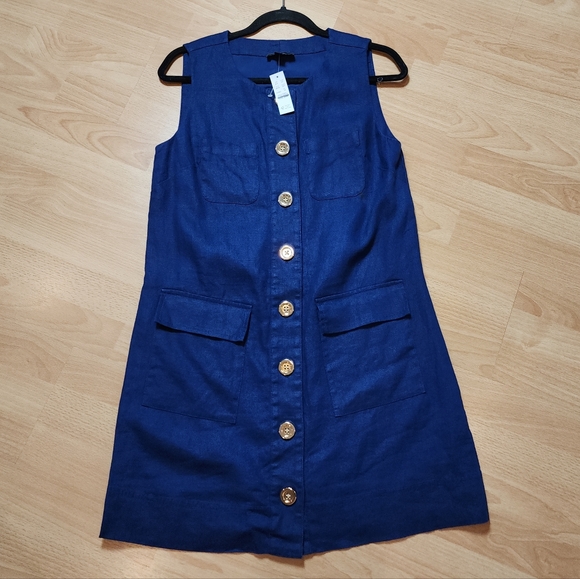 J. Crew Dresses & Skirts - NWT J. Crew‎ 100% Linen Blue Sleeveless Button Shift Mini Dress Size XS